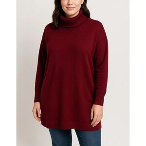 Eileen Fisher Size-L/Pet Sweater Cranberry Mock Turtleneck‎ Merino Wool Tunic